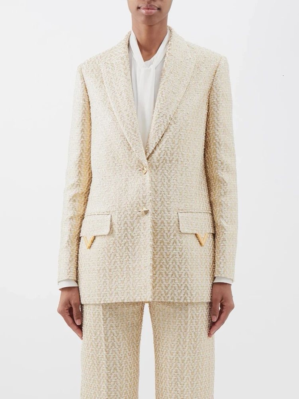 Cream Textured Single-Breasted Blazer and Pants Set